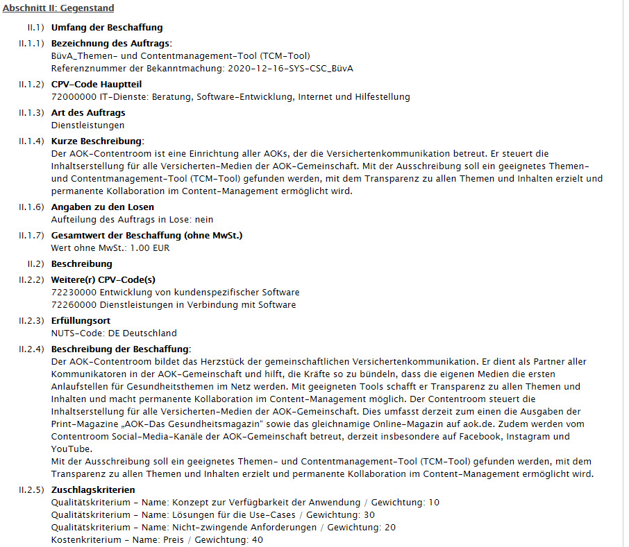 AOK Ausschreibung zu Content Systemen