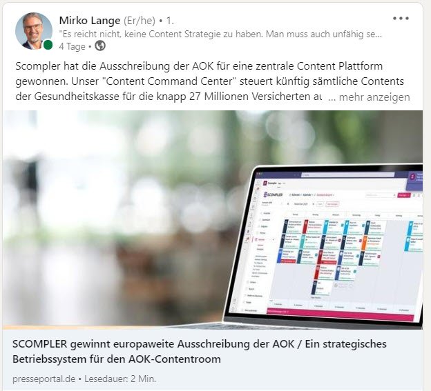 Mirko Lange meldet den Gewinn der AOK Ausschreibung auf LinkedIn