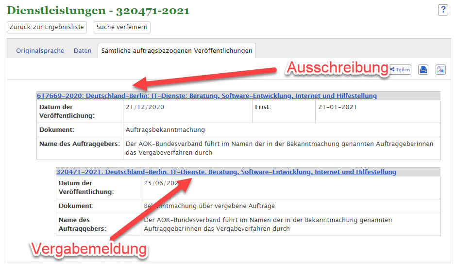 Übersicht der Tenders Dokumente