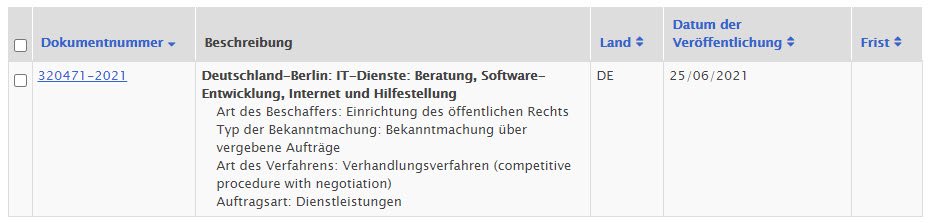 Trefferanzeige Tenders Datenbank