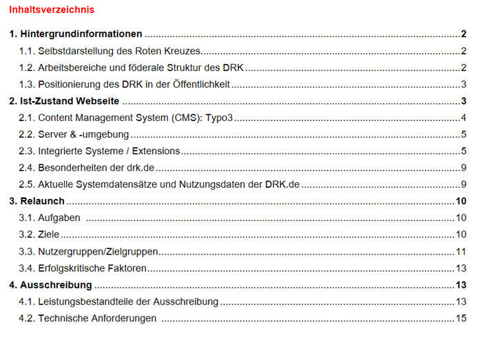 Ausschreibung Inhaltsverzeichnis Webdesign