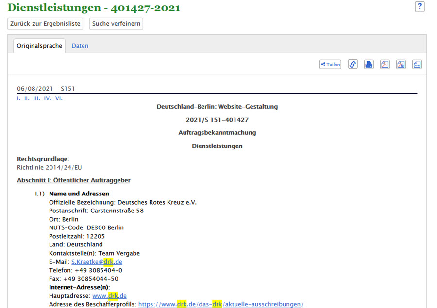 Eintrag DRK Ausschreibung TED Datenbank